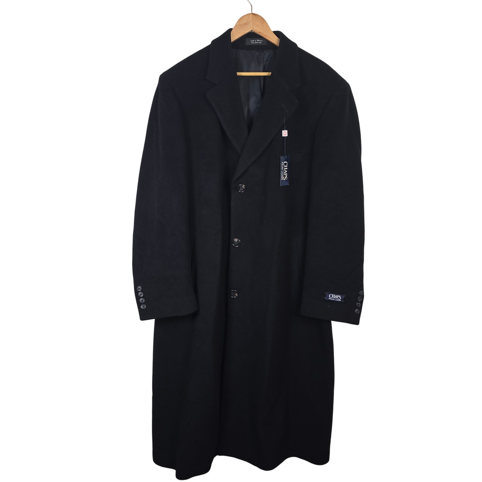 Chaps Ralph Lauren Mens 46l Black Wool Cashmere Blend Overcoat Long Trench Coat